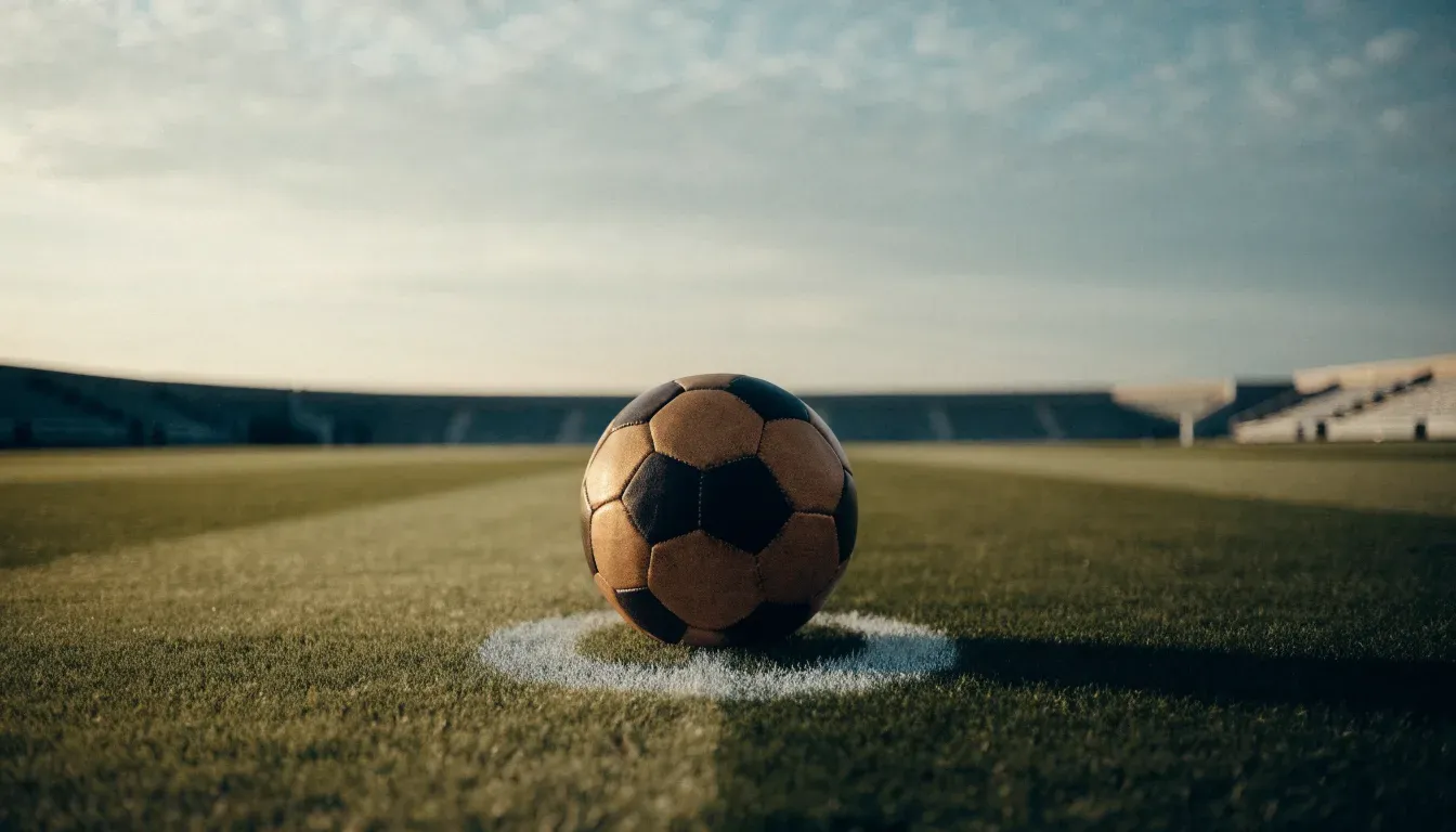 Ein Fußball liegt auf dem Anstoßpunkt eines leeren Rasenplatzes, dahinter eine leere Tribüne in weichem Licht.