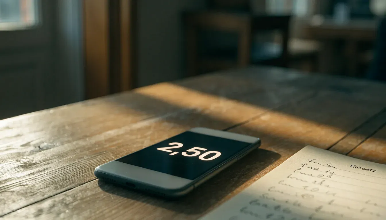 Ein Smartphone mit dunklem Display liegt auf einem Holztisch neben einem Notizbuch, durch das Fenster fällt Abendlicht.