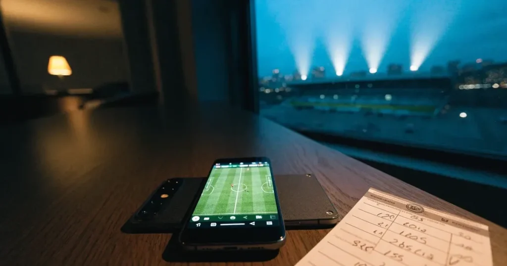 Ein Fußballstadion unter Flutlicht aus großer Entfernung gesehen, die Lichtkegel stehen im dunklen Abendhimmel über leeren Parkplätzen.