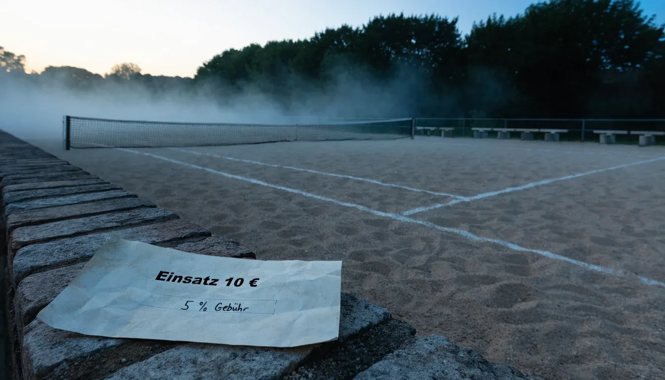 Ein Tennisplatz im Morgengrauen mit Netz und Linien, über dem Sandboden liegt leichter Nebel und niemand ist zu sehen.