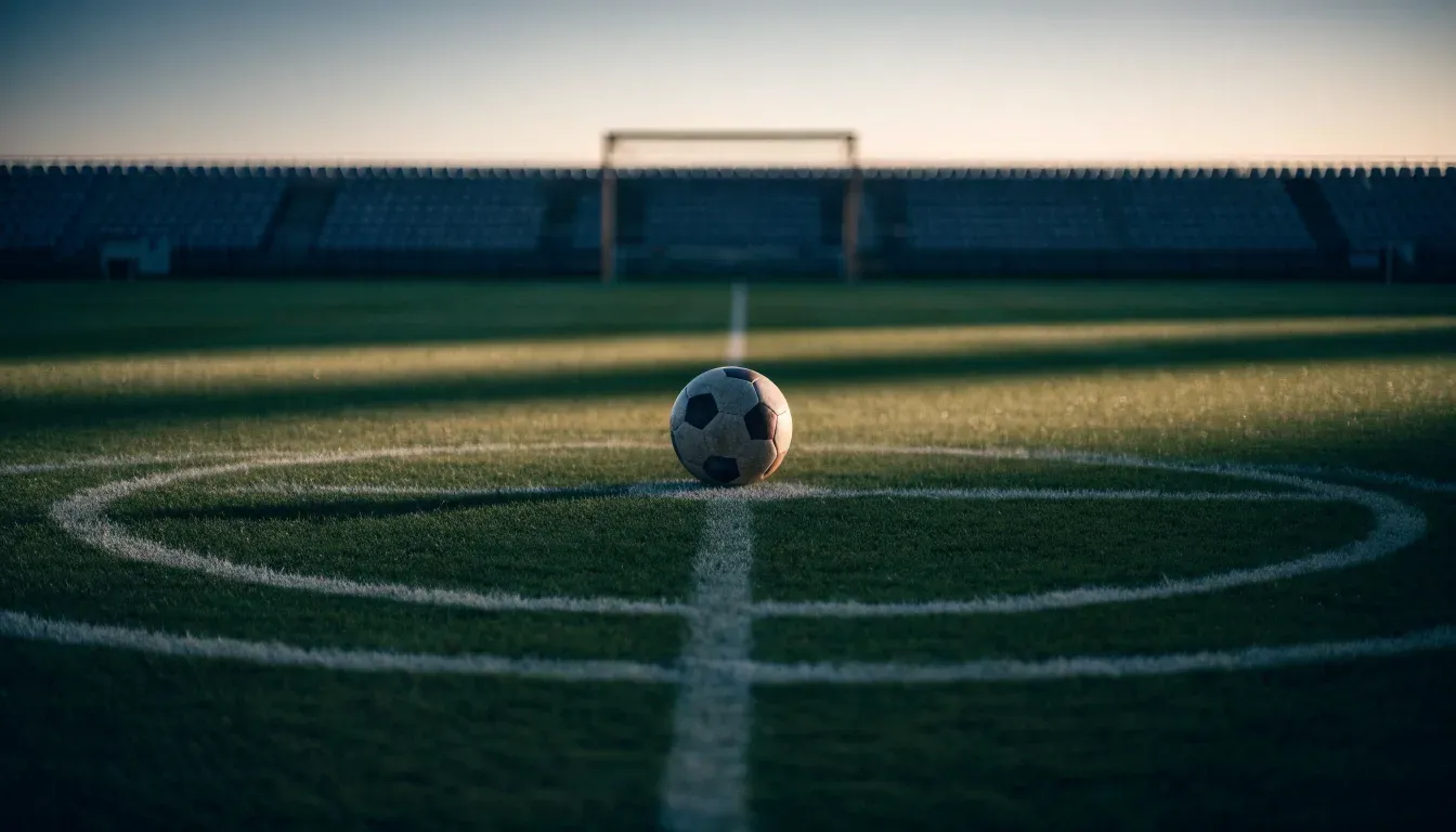 Ein Fußball liegt auf dem Anstoßpunkt eines leeren Rasenplatzes, im Hintergrund eine menschenleere Tribüne im weichen Abendlicht.