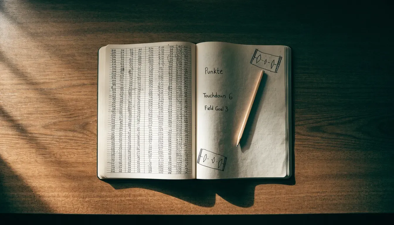 Ein Notizbuch mit handschriftlichen Skizzen und Zahlenreihen liegt aufgeschlagen auf einem Schreibtisch, daneben ein Bleistift.