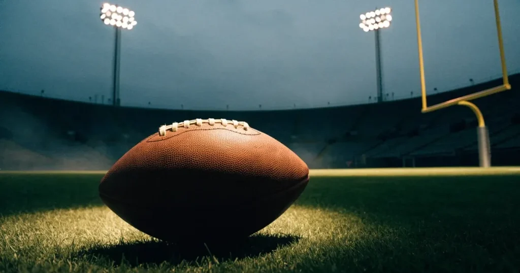Ein ovaler Football liegt auf dem Rasen vor den gelben Torstangen eines leeren Stadions in der Abenddämmerung.