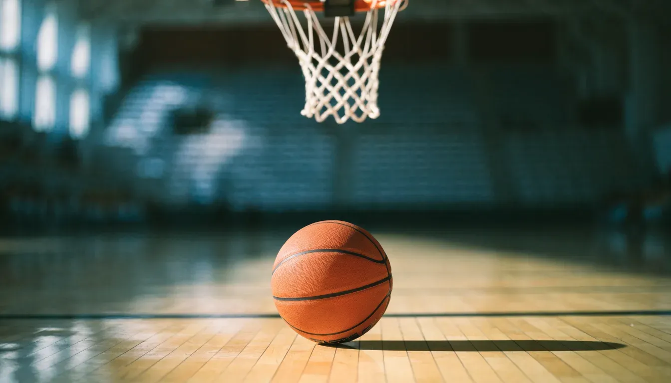 Ein orangefarbener Basketball liegt auf einem Hallenboden unter dem Netz eines Korbs, im Hintergrund unscharf leere Sitzreihen.
