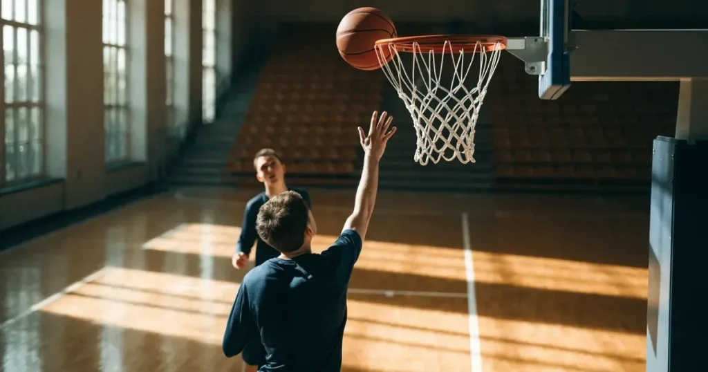 Ein leeres Basketballfeld in einer Halle mit glänzendem Parkett und einem Korb, durch hohe Fenster fällt Tageslicht.