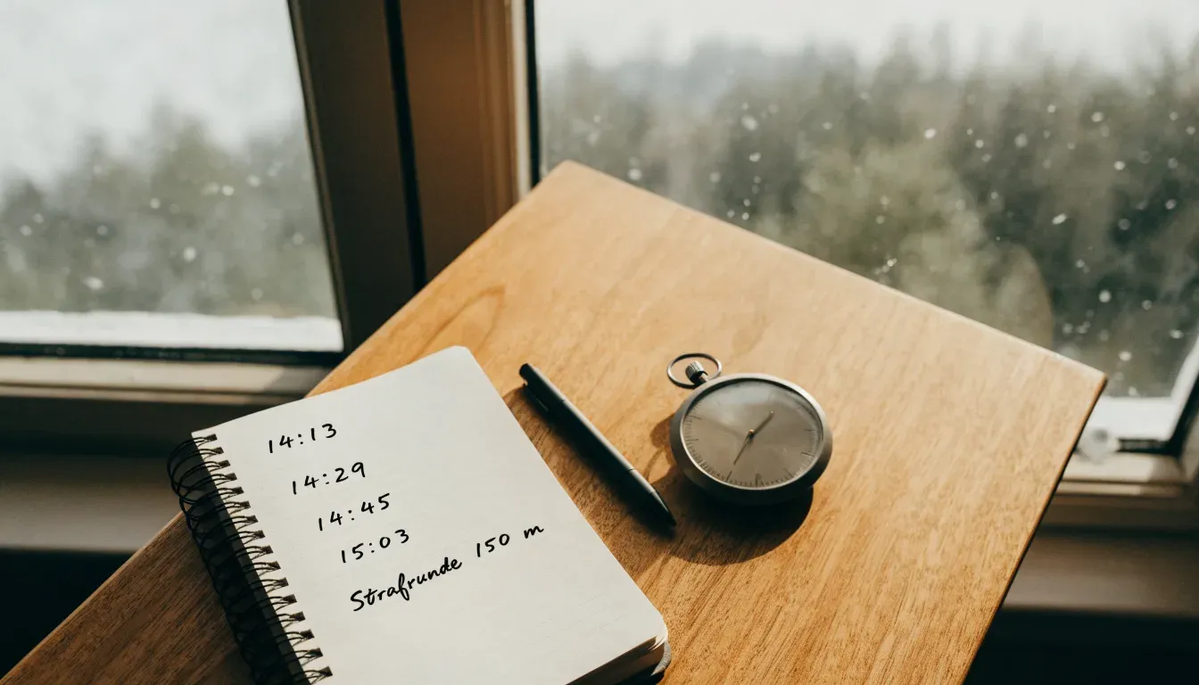 Ein Notizbuch mit handschriftlichen Zeiten liegt neben einer Stoppuhr auf einem Holztisch, draußen vor dem Fenster fällt Schnee.