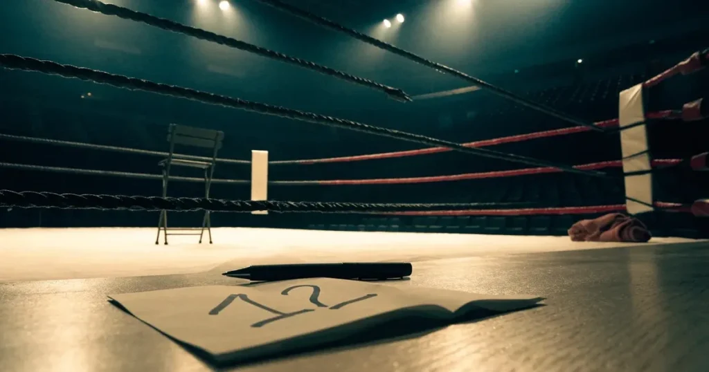Ein leerer Boxring mit gespannten Seilen unter einer Hallenlampe, der Ringboden ist im Licht gut zu erkennen, niemand ist zu sehen.