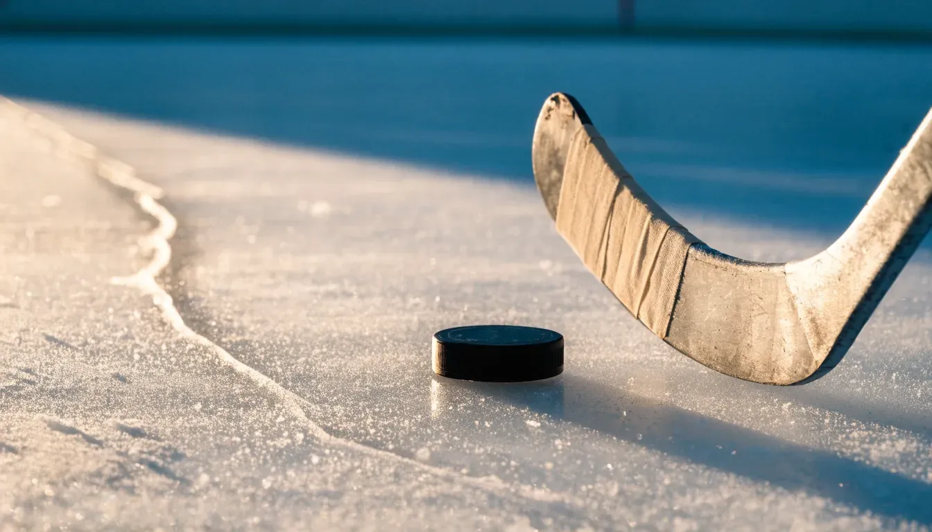 Ein Eishockeyschläger und ein schwarzer Puck liegen auf dem Eis, eine Kratzspur zieht sich durch das Bild.