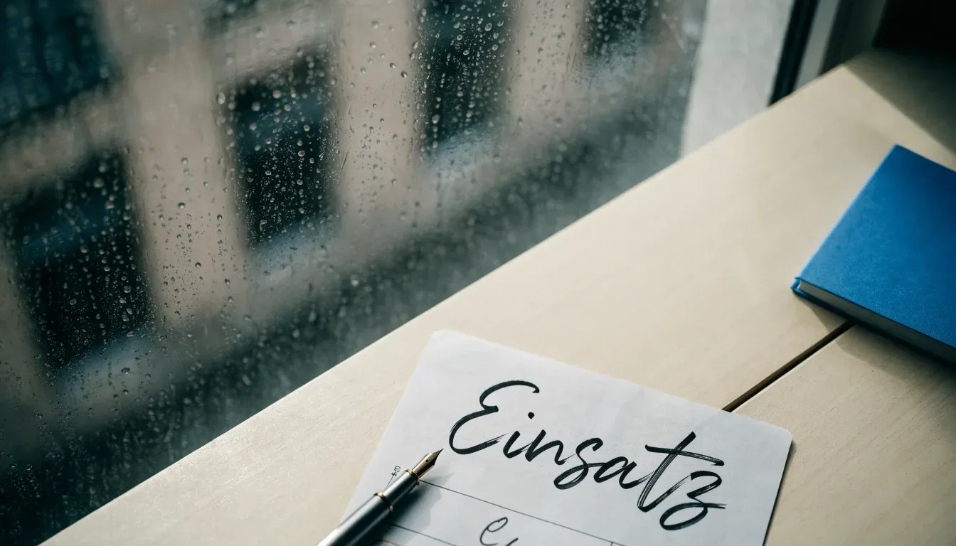 Ein Schreibtisch mit Füllfeder und geschlossenem Notizbuch vor einem Fenster an einem regnerischen Tag, kein Text erkennbar.