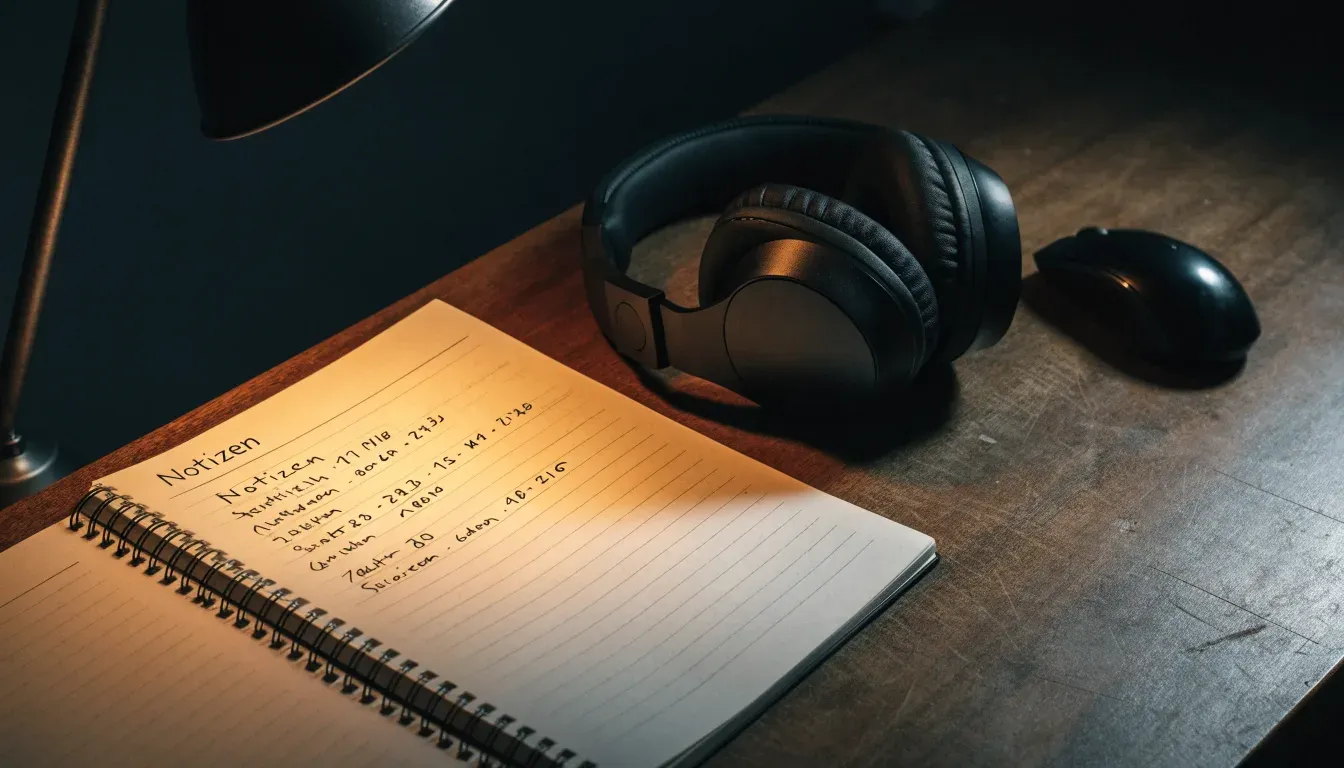 Ein Headset und eine Computermaus liegen auf einem Schreibtisch neben einem Notizbuch mit handschriftlichen Notizen, Lampenlicht am Abend.