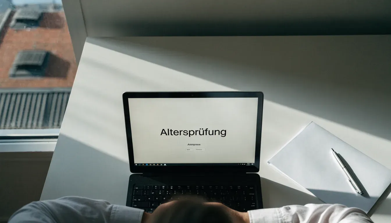 Ein leerer Schreibtisch mit geschlossenem Ordner und Kugelschreiber im Morgenlicht, daneben ein Fenster mit Blick auf Dächer.
