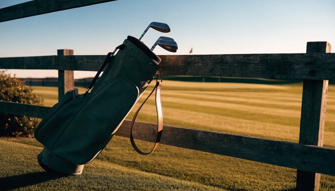 Ein Golfbag mit Schlägern lehnt an einem Holzzaun am Rand einer Spielbahn, tiefstehende Sonne von der Seite.
