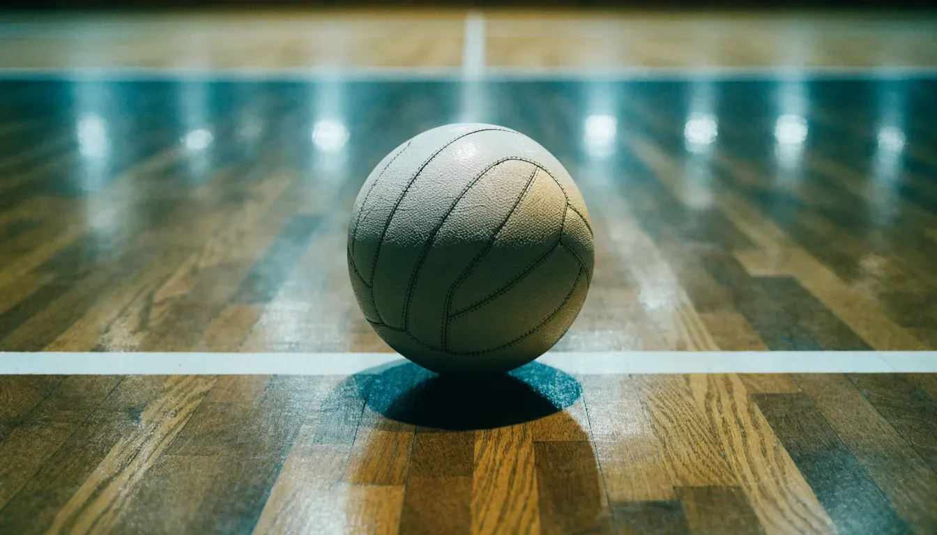 Ein Handball liegt auf dem Parkett einer Halle neben einer Spielfeldlinie, Licht fällt von oben ein.