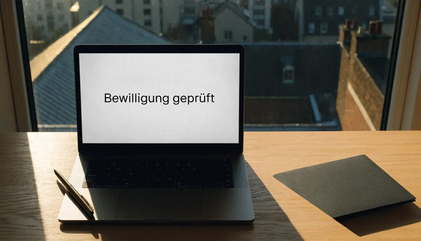 Ein Schreibtisch mit Füllfeder und geschlossenem Ordner im Morgenlicht, daneben ein Fenster mit Blick auf Dächer.