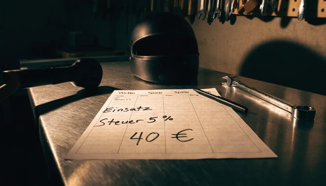Ein Helm ohne Aufdruck steht auf einem Metalltisch in einer Werkstatt, daneben ein Schraubenschlüssel im Licht einer Lampe.