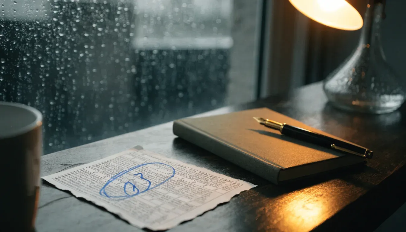 Ein Schreibtisch mit Füllfeder und geschlossenem Notizbuch vor einem regennassen Fenster, die Szene ist ruhig und ohne lesbaren Text.