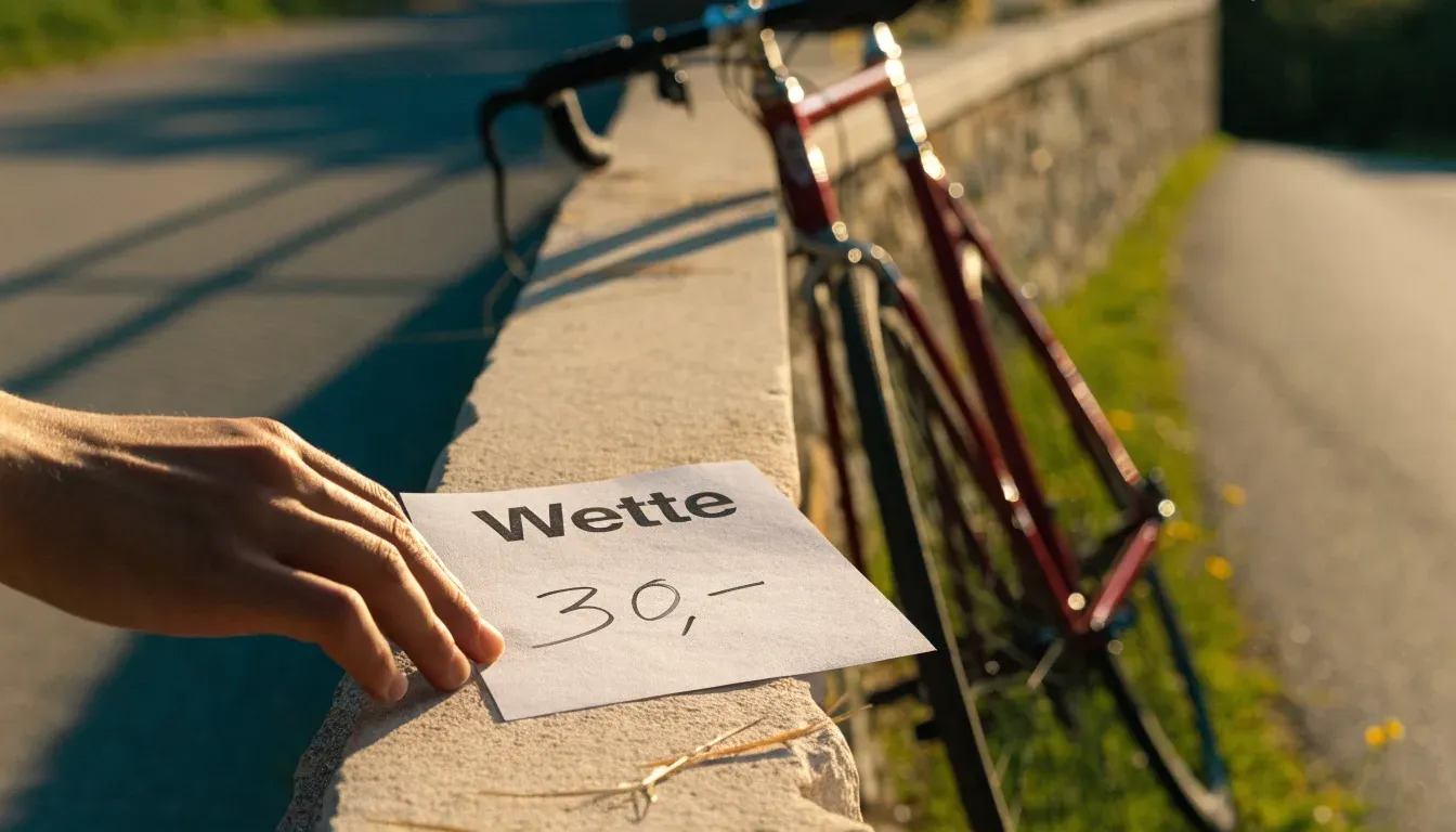 Ein Rennrad lehnt an einer Steinmauer am Straßenrand, die Sonne steht tief und wirft einen langen Schatten.