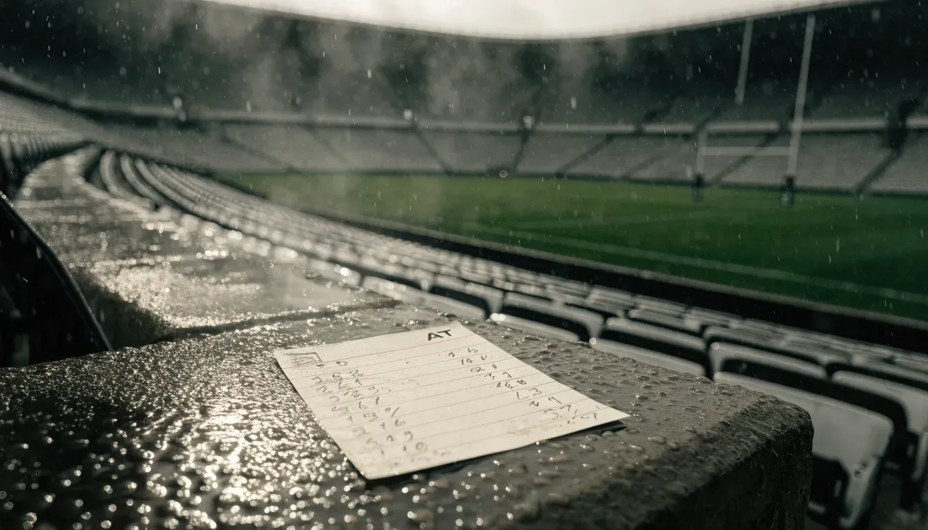 Die leere Tribüne eines Stadions mit Torstangen im Hintergrund, feiner Regen fällt über den Rängen.