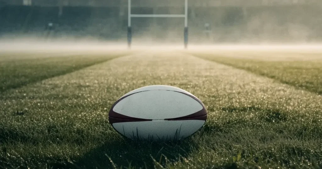 Ein ovaler Rugbyball liegt auf nassem Rasen vor den Torstangen, Nebel hängt über dem Platz am Morgen.