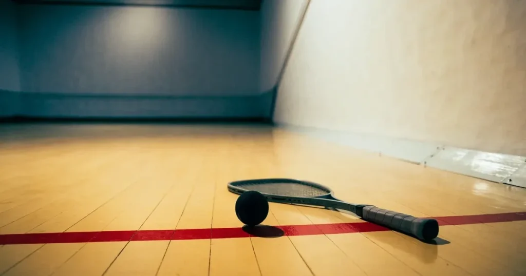 Squashhalle mit weißen Wänden und hellem Holzboden, ein kleiner schwarzer Gummiball liegt neben einem Schläger auf der Linie, weiches Hallenlicht.