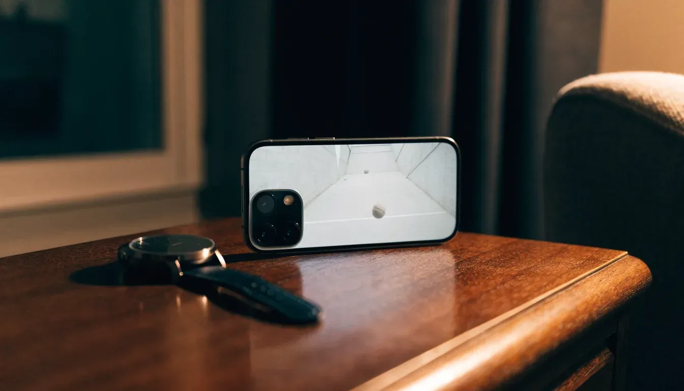 Ein Smartphone liegt mit dem Display nach unten auf einem Tisch neben einer Armbanduhr, im Hintergrund eine ruhige Wohnzimmerecke am Abend.