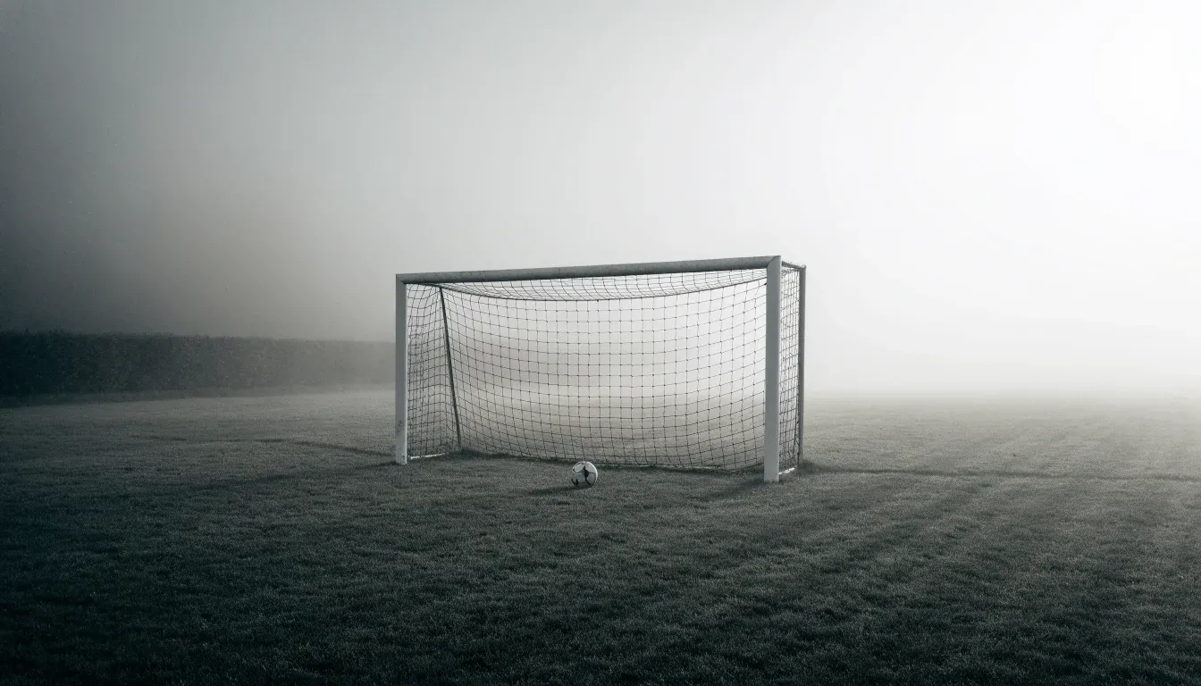 Ein Fußballtor im Nebel eines frühen Morgens, das Netz hängt feucht, auf dem Rasen davor liegt ein einzelner Ball.