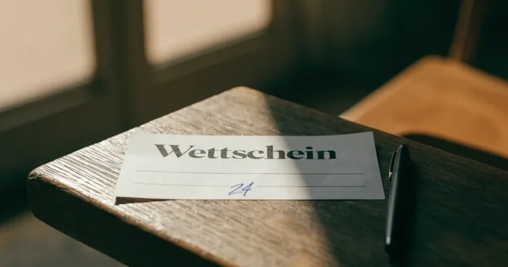 Mehrere leere Wettscheine aus Papier liegen fächerförmig nebeneinander auf einer Holzfläche, daneben ein Kugelschreiber, ohne erkennbare Schrift.
