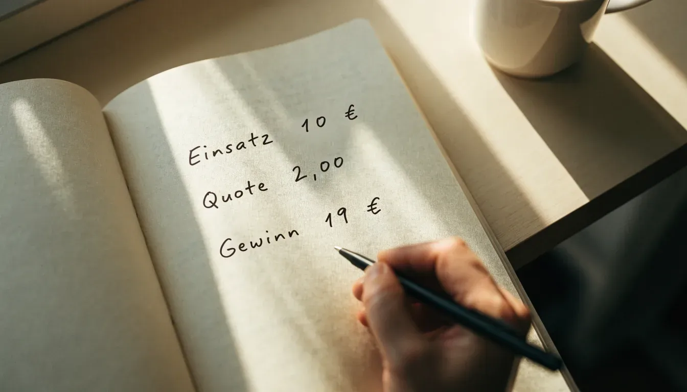Ein Notizbuch mit handschriftlichen Zahlenreihen liegt neben einem Taschenrechner auf einem hellen Tisch, Tageslicht fällt von der Seite.