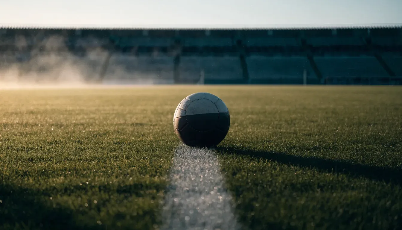 Ein Fußball auf dem Mittelpunkt eines Rasenplatzes, früher Morgen, Tau auf dem Gras, im Hintergrund leere Tribünen.