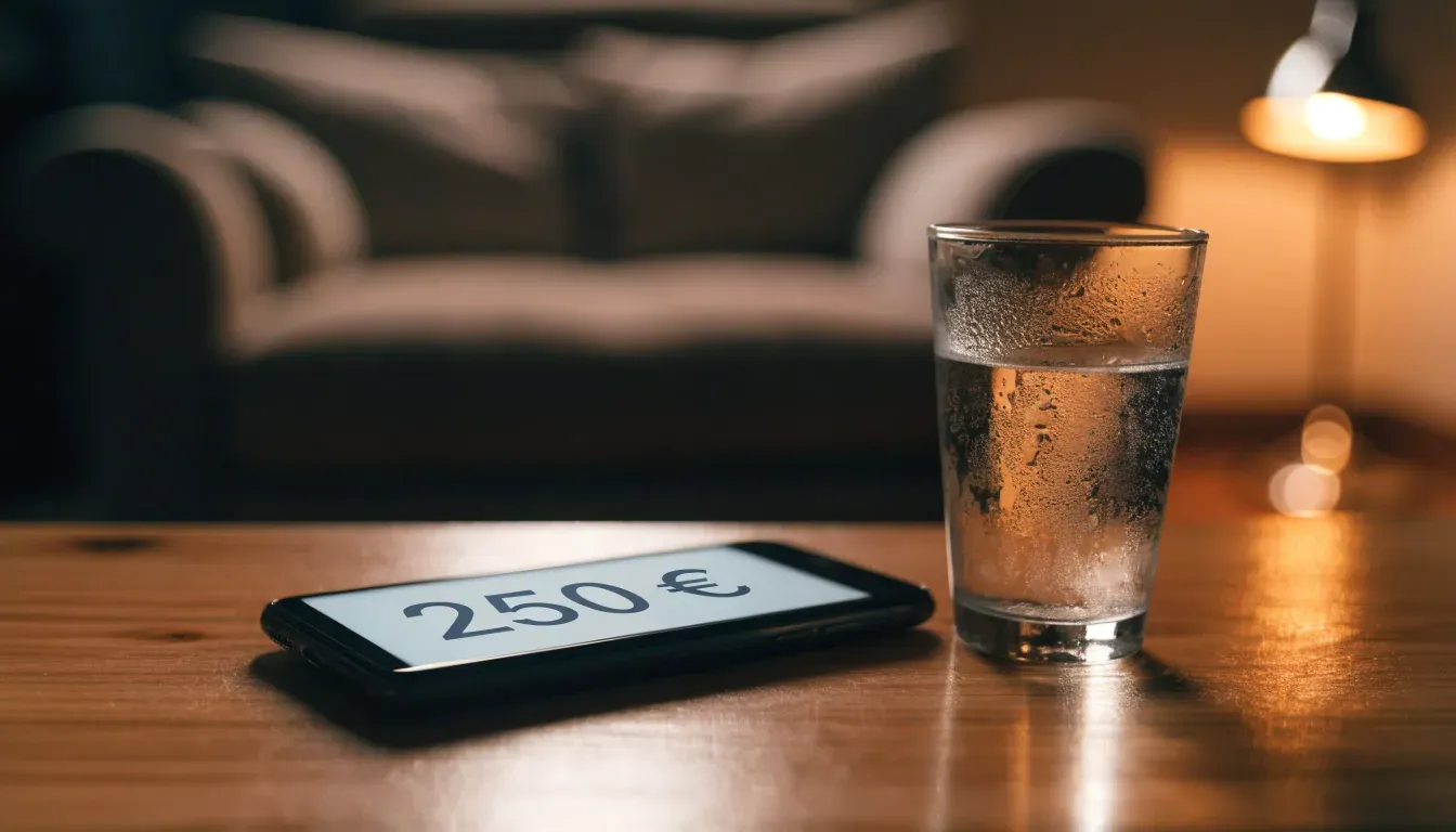 Ein Smartphone liegt mit dem Display nach unten auf einem Holztisch neben einem Glas Wasser, ruhige Abendstimmung in einem Wohnzimmer.