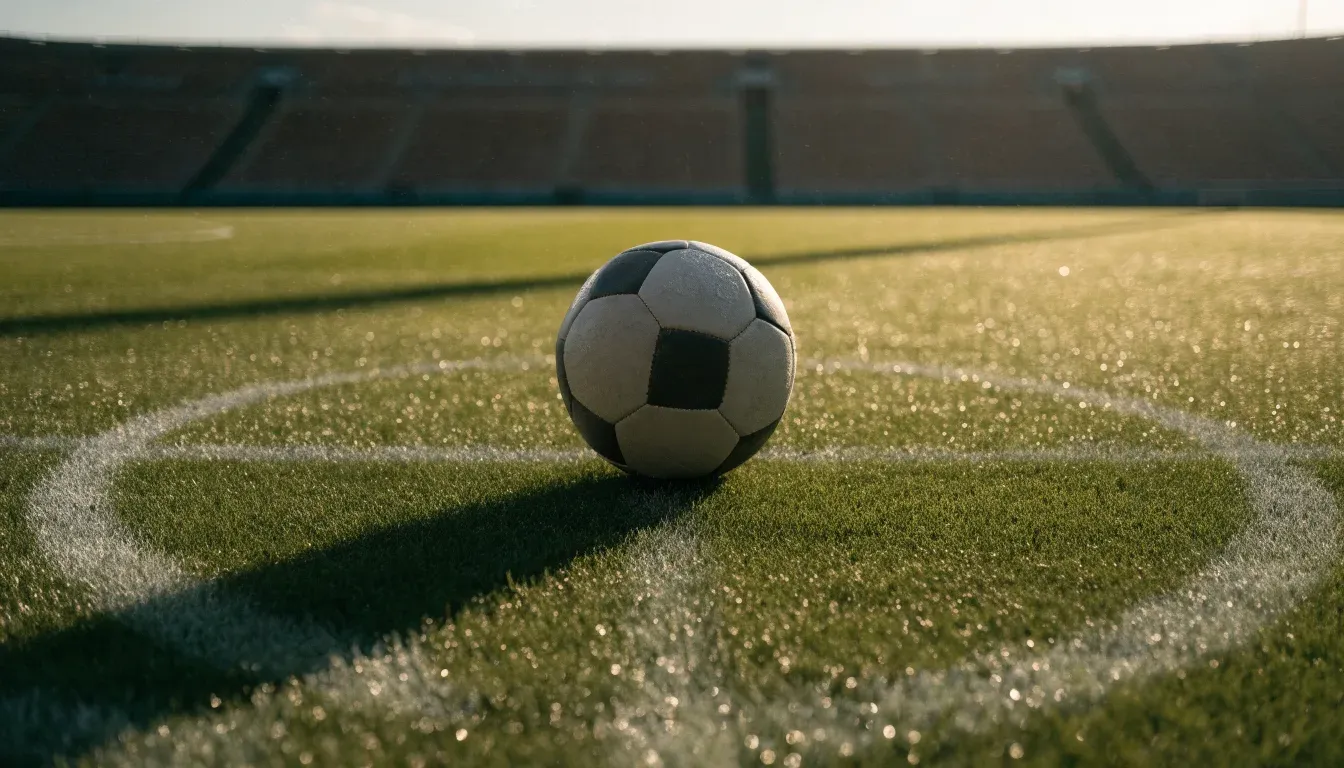 Ein Fußball auf dem Mittelpunkt eines Rasenplatzes, früher Morgen, Tau auf dem Gras, im Hintergrund leere Tribünen.