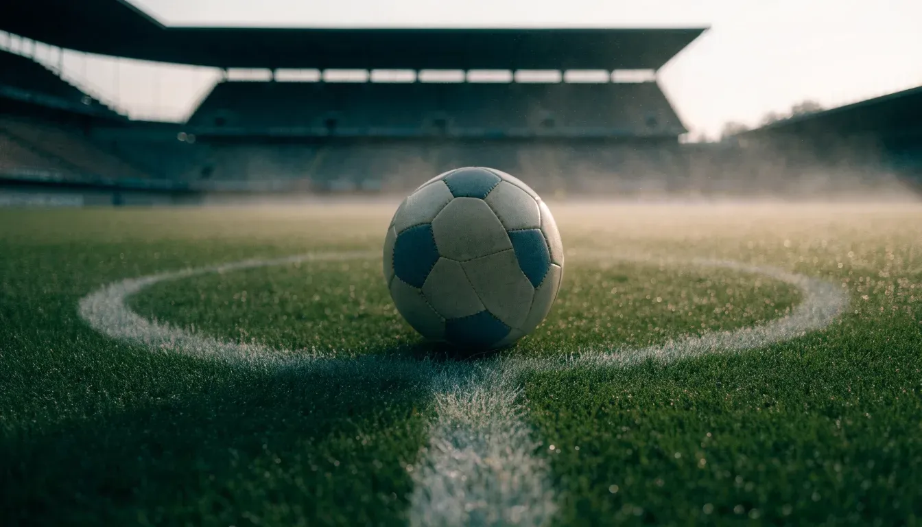 Ein Fußball auf dem Mittelpunkt eines Rasenplatzes, früher Morgen, Tau auf dem Gras, im Hintergrund leere Tribünen.
