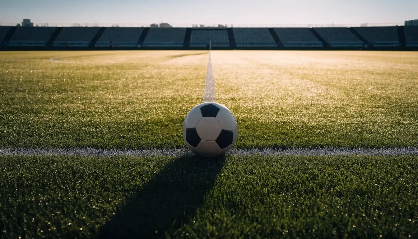 Ein Fußball auf dem Mittelpunkt eines Rasenplatzes, früher Morgen, Tau auf dem Gras, im Hintergrund leere Tribünen.