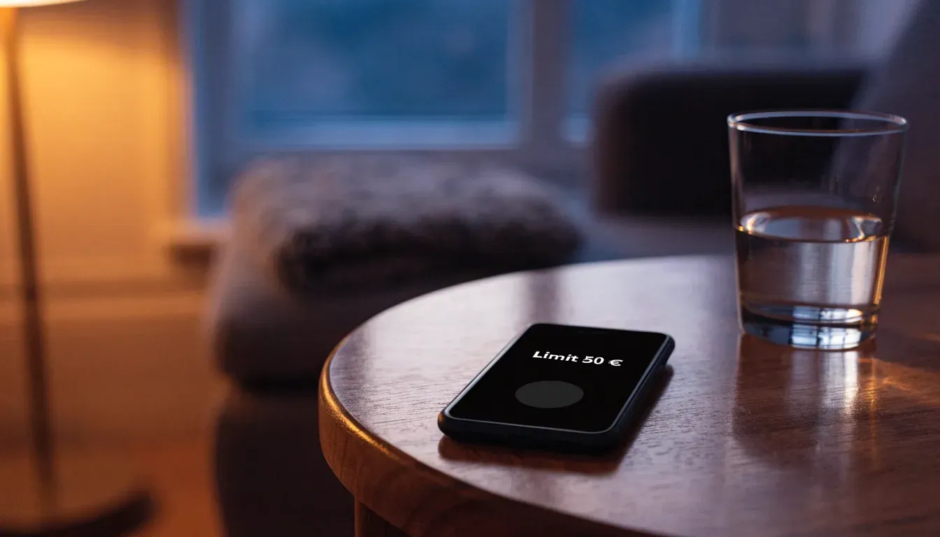 Ein Smartphone liegt mit dem Display nach unten auf einem Holztisch neben einem Glas Wasser, ruhige Abendstimmung in einem Wohnzimmer.