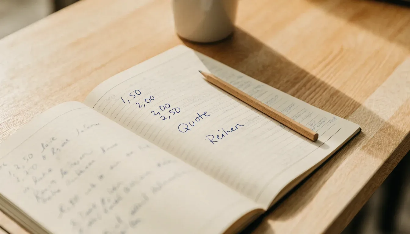 Ein Notizbuch mit handgeschriebenen Zahlenreihen liegt neben einem Taschenrechner und einem Bleistift auf einem hellen Tisch, Tageslicht von der Seite.