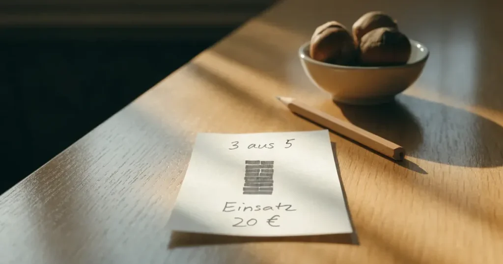 Ein blanker Wettschein aus Papier liegt neben einem Bleistift auf einem hellen Holztisch, daneben eine kleine Schale, ohne erkennbare Schrift.