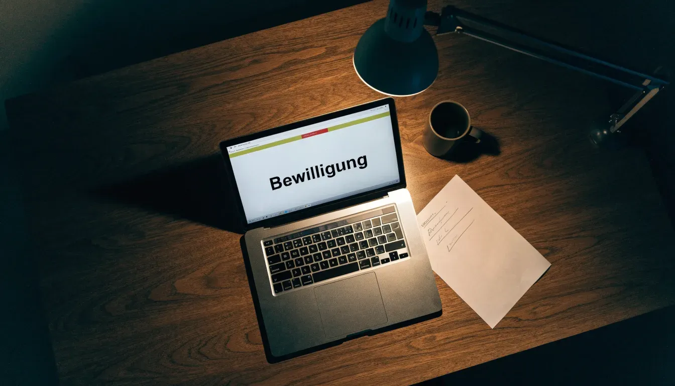 Eine kleine Messingwaage steht auf einem dunklen Holztisch vor einem Bücherregal, warmes Lampenlicht, keine lesbaren Titel.