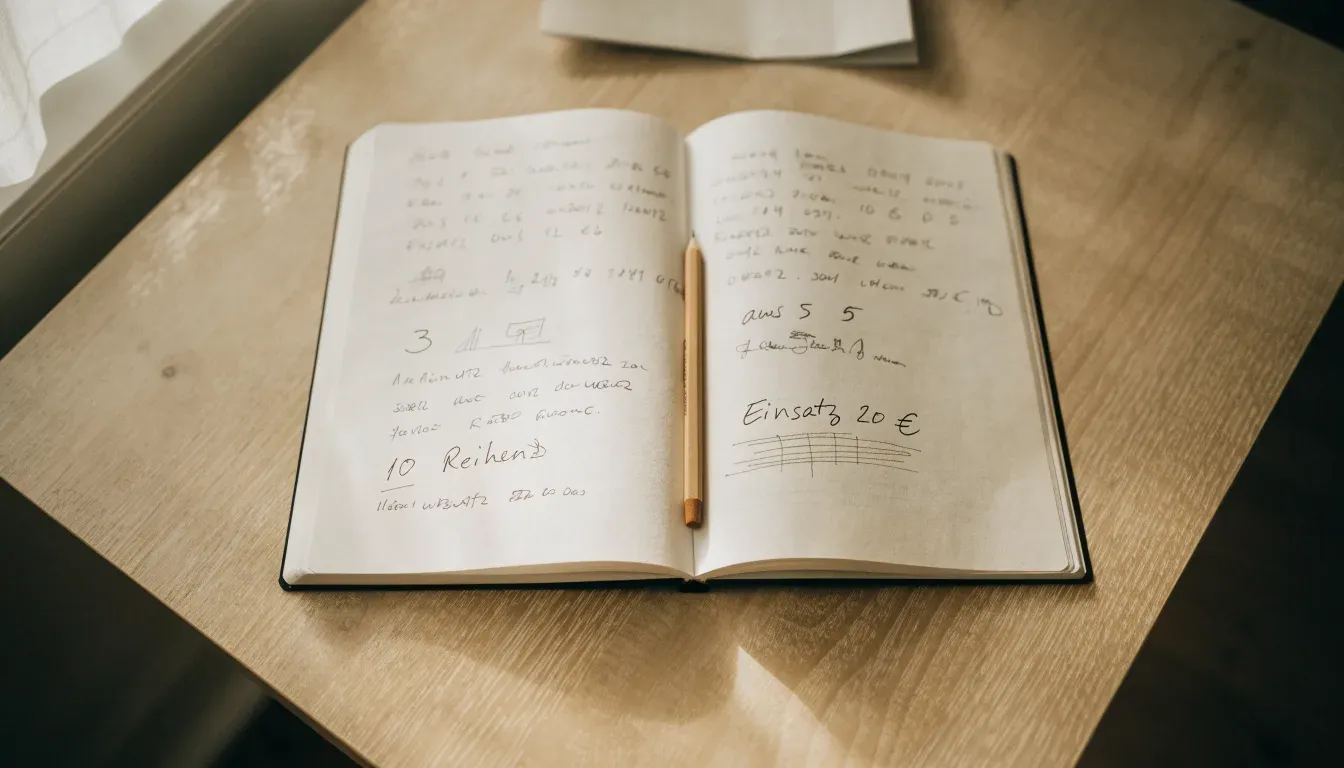 Ein aufgeschlagenes Notizbuch mit handschriftlichen Notizen und einfachen Skizzen liegt neben einem Bleistift auf einem hellen Holztisch.