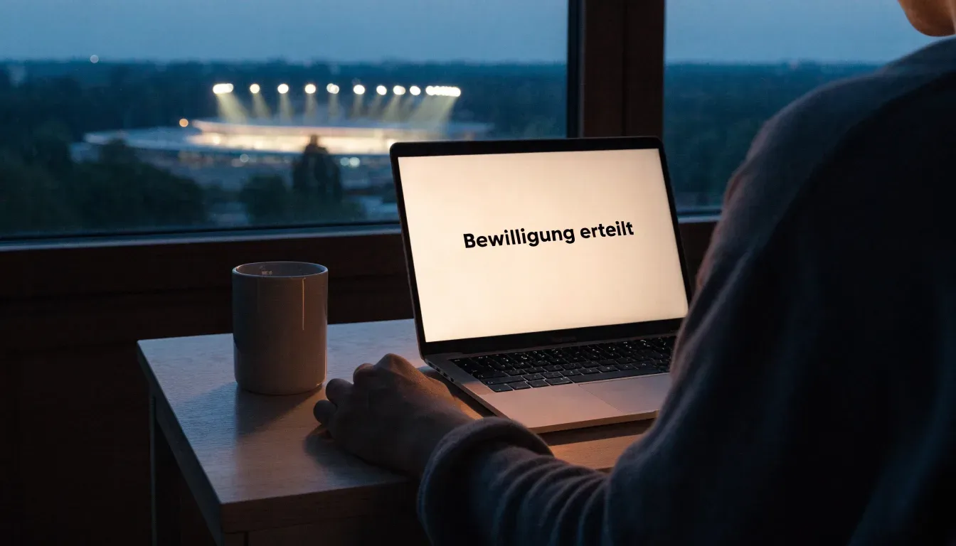 Ein Flutlichtstadion bei Dämmerung aus weiter Ferne gesehen, die Lichtmasten leuchten über Dächern, Bäumen und einer ruhigen Stadtrandlandschaft.
