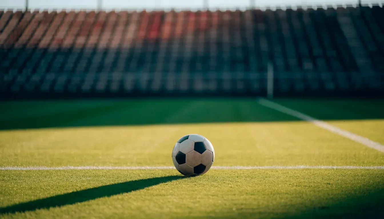 Ein Fußball liegt in der Mitte eines Rasens im Licht der tief stehenden Sonne, dahinter leere Sitzreihen.