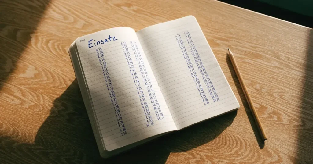 Ein Notizbuch mit handschriftlichen Notizen, einfachen Linien und Zahlenreihen liegt aufgeschlagen neben einem Bleistift auf einem Schreibtisch.