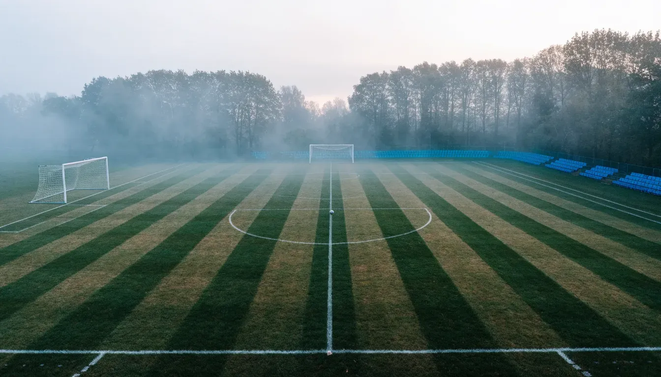 Ein Fußballfeld im Morgennebel aus erhöhter Position gesehen, Mittellinie und Tore sind sichtbar, keine Spieler auf dem Rasen.