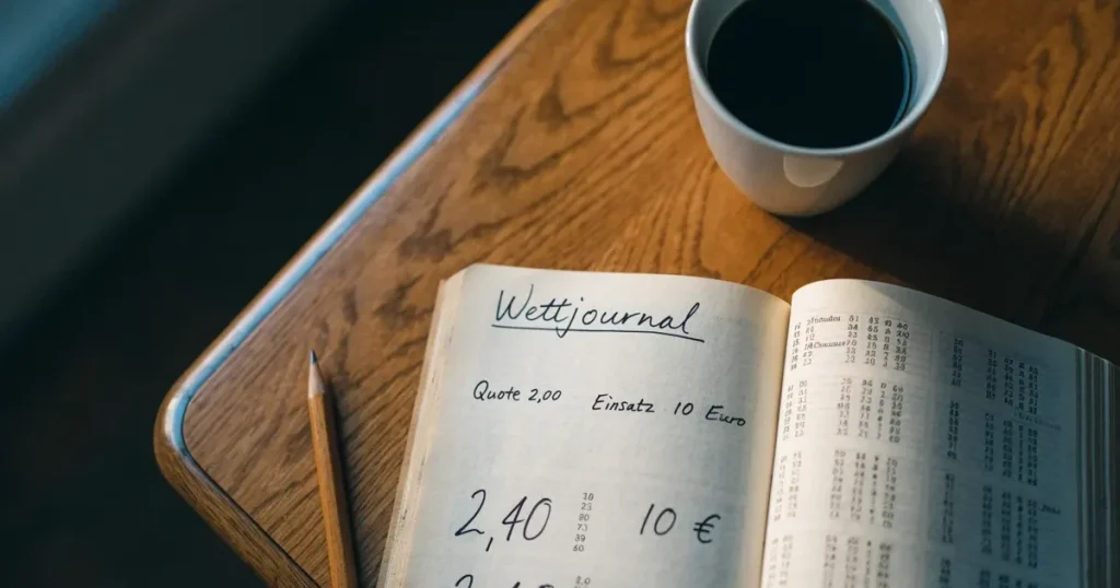 Ein Notizbuch mit handschriftlichen Notizen liegt neben einem Bleistift und einer Tasse Kaffee auf einem Holztisch.