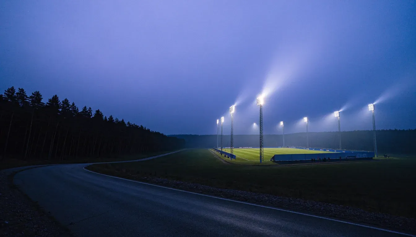Ein Flutlichtstadion in der Dämmerung aus weiter Ferne, davor ein Wald und eine leere Straße.