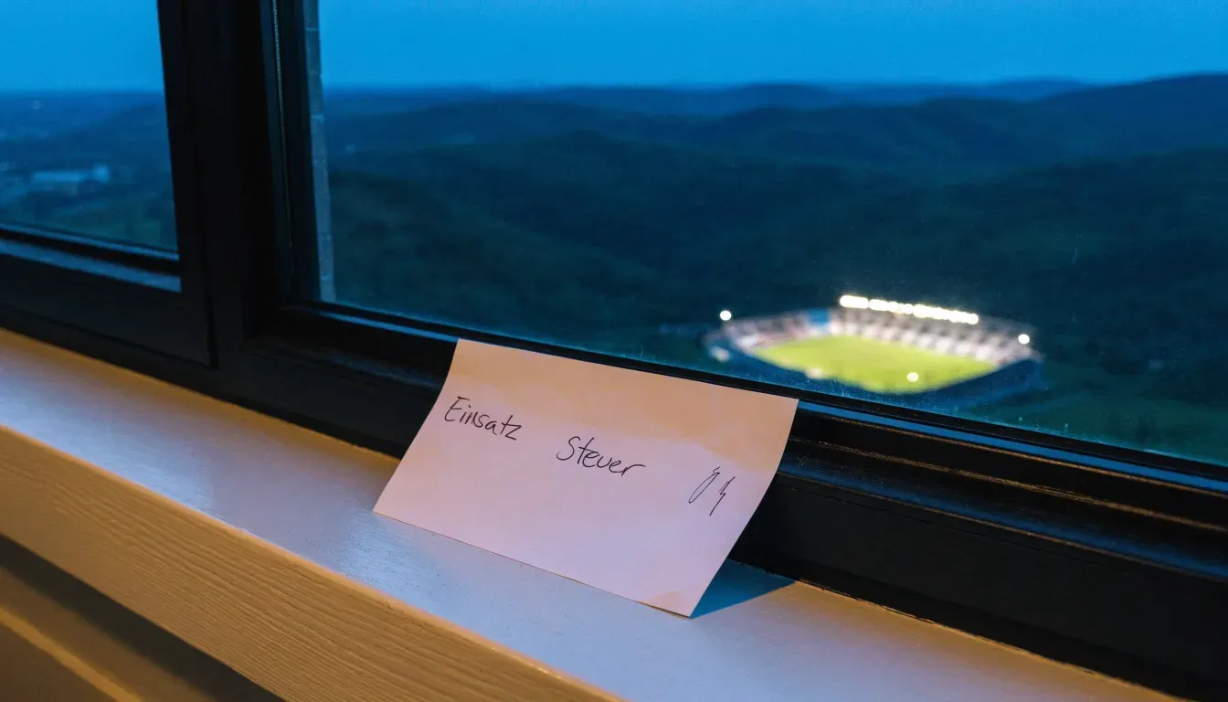 Ein Stadion unter Flutlicht aus großer Entfernung gesehen, darüber ein klarer Nachthimmel und davor dunkle Hügel.