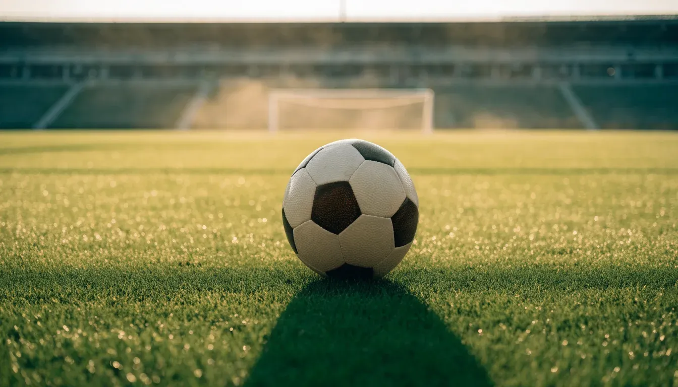 Ein Fußball liegt auf einem Rasenplatz im Morgenlicht, im Hintergrund eine ruhige Tribüne ohne Zuschauer.