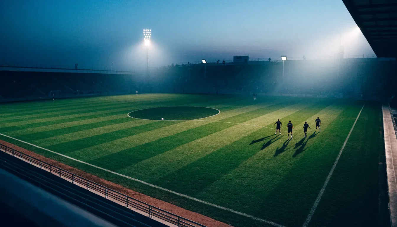 Ein Flutlichtstadion bei Dämmerung aus weiter Ferne gesehen, die Lichtmasten leuchten über Dächern und Bäumen.