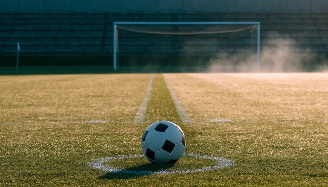 Ein Fußball liegt auf dem Elfmeterpunkt eines leeren Rasenplatzes im Morgenlicht, dahinter eine ruhige Tribüne ohne Zuschauer.