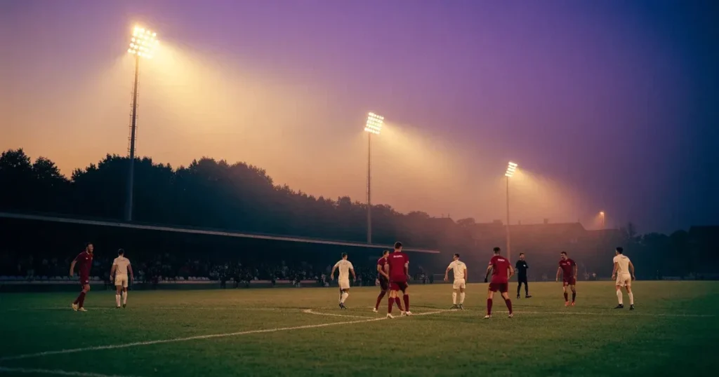 Ein Flutlichtstadion bei Dämmerung aus weiter Ferne gesehen, die Lichtmasten leuchten über Dächern, Bäumen und einer ruhigen Landschaft.