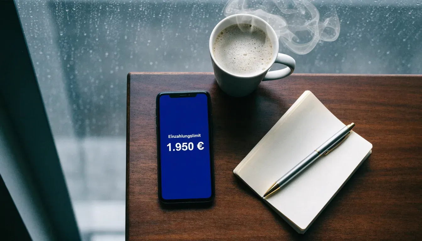 Ein Smartphone mit dunklem Display liegt neben einer Kaffeetasse auf einem Holztisch am Fenster, draußen fällt Regen.